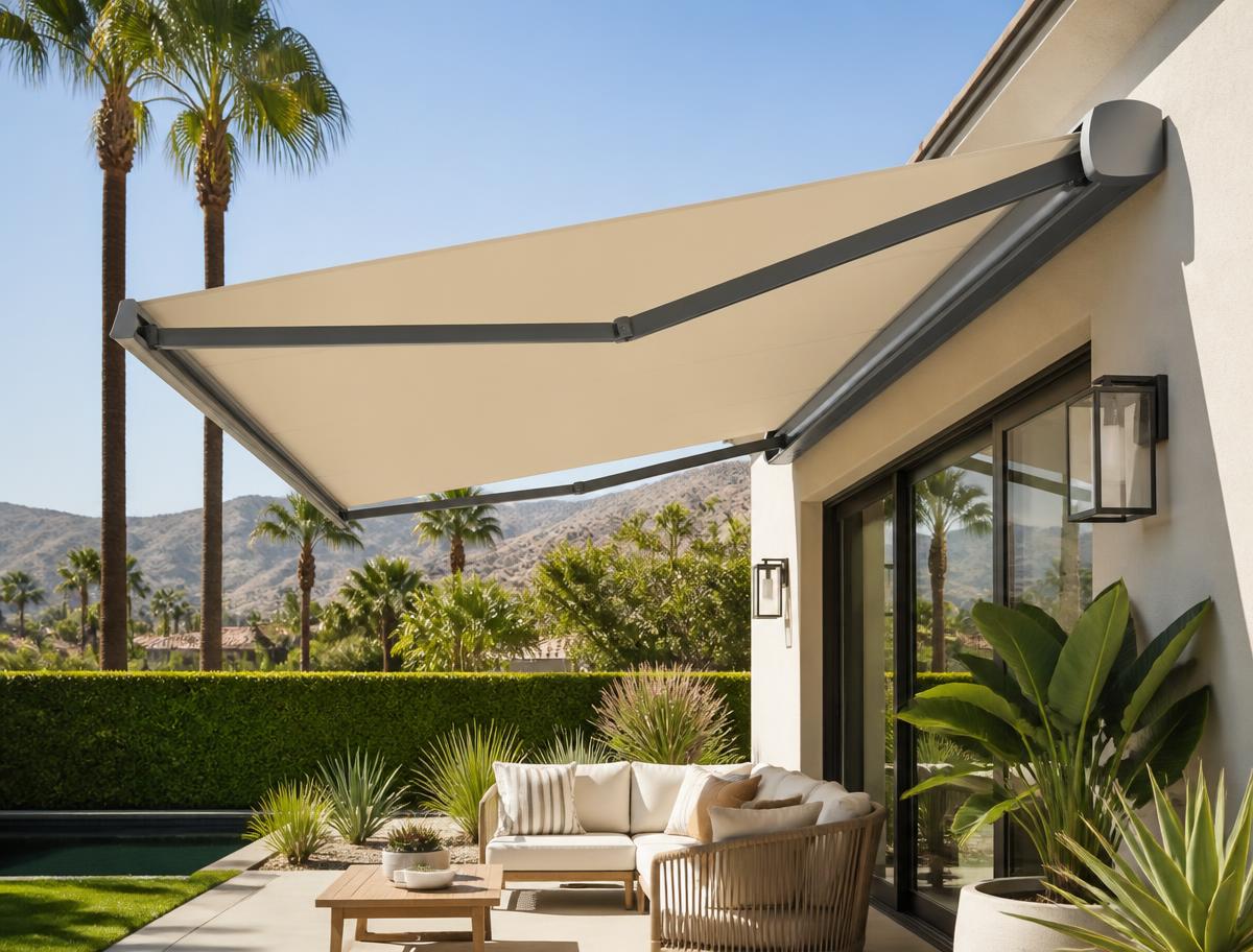 Motorized retractable awning extended over a residential patio